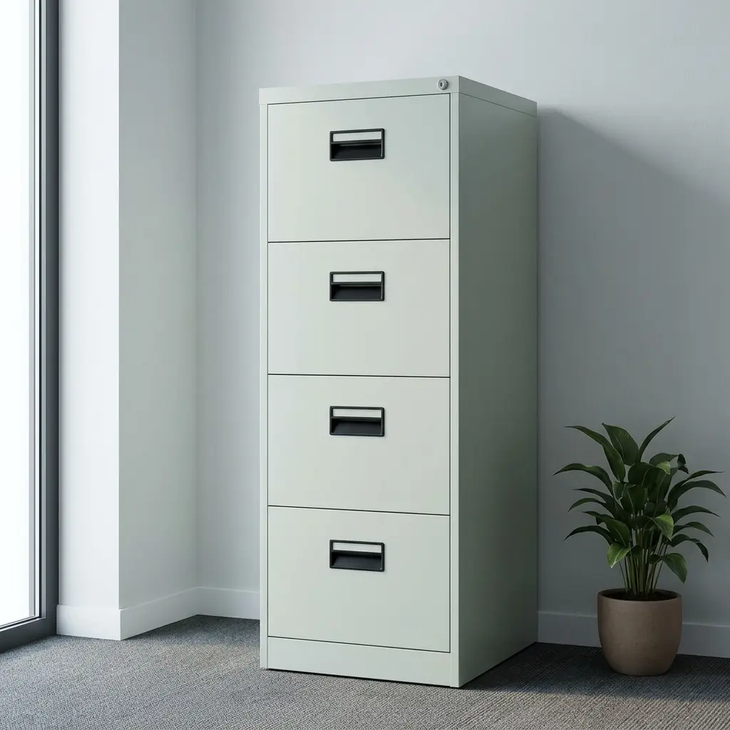 White steel 4-drawer vertical filing cabinet with key lock cylinder, dark recessed handles, and open bottom drawer showing slide rails.