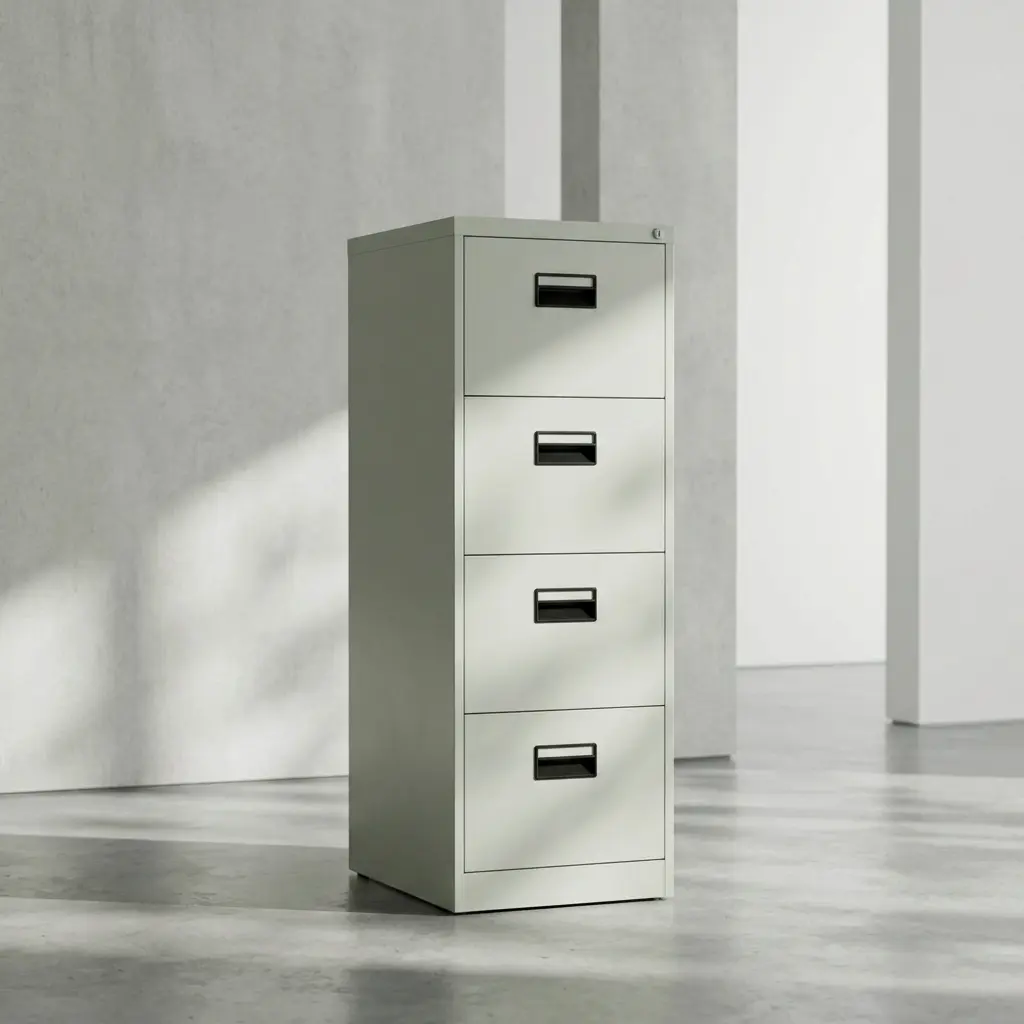 White steel 4-drawer vertical filing cabinet with key lock cylinder, dark recessed handles, and open bottom drawer showing slide rails.