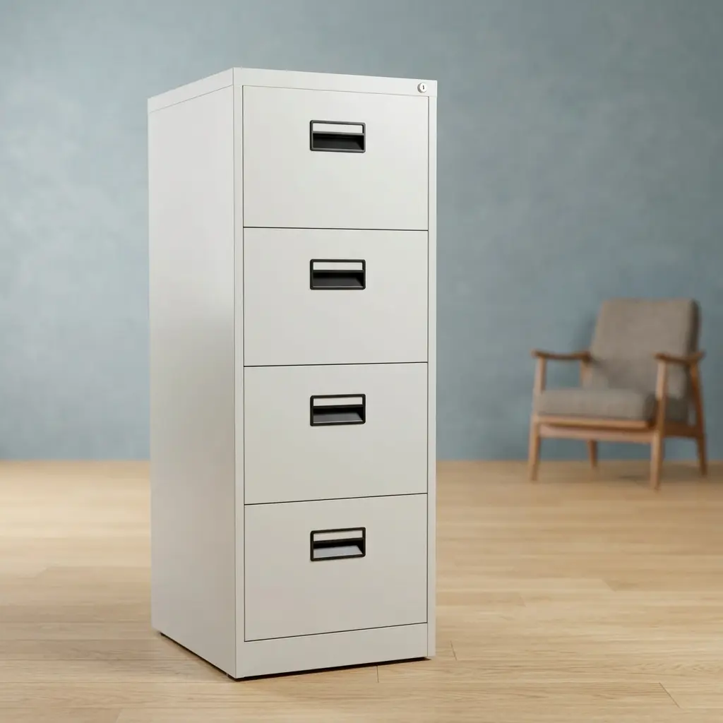 White steel 4-drawer vertical filing cabinet with key lock cylinder, dark recessed handles, and open bottom drawer showing slide rails.