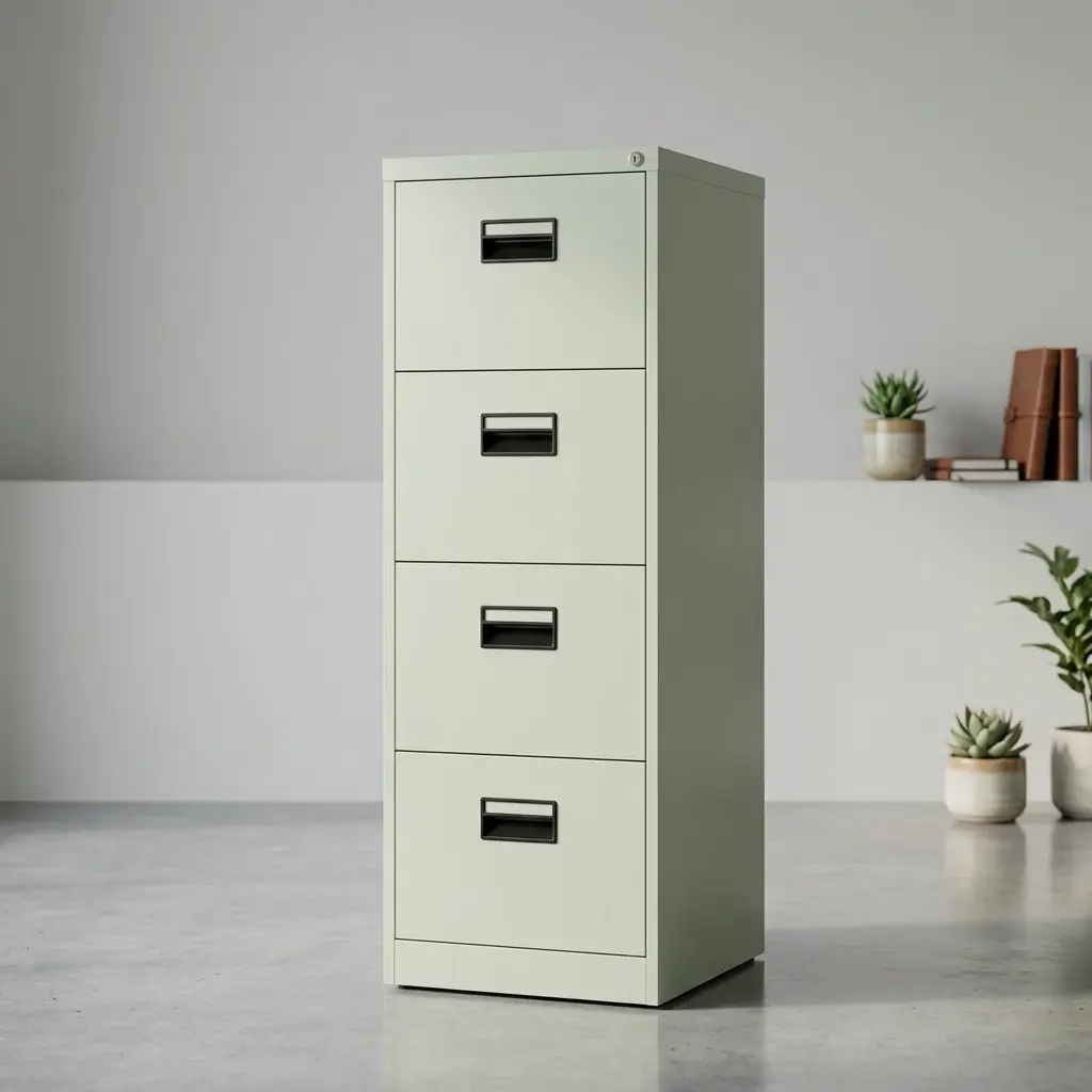 White steel 4-drawer vertical filing cabinet with key lock cylinder, dark recessed handles, and open bottom drawer showing slide rails.