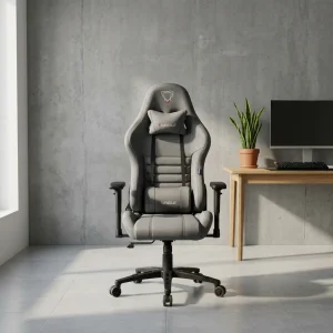 Gray fabric high-back gaming chair with adjustable headrest pillow, lumbar support cushion, 2D adjustable armrests, and black 5-star swivel caster base.