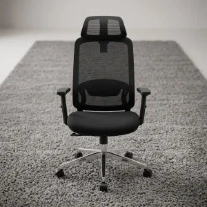 Black high-back mesh staff office chair with adjustable headrest, height-adjustable T-armrests, pneumatic tilt lever, and chrome 5-star swivel caster base.