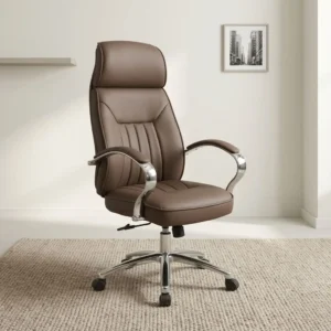 High-back brown leather executive office chair with integrated headrest cushion, vertical stitched backrest, padded chrome armrests, and 5-star swivel caster base.