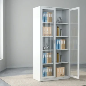White steel office filing cabinet with full-height glass display doors, vertical recessed handles, and five internal storage shelves.