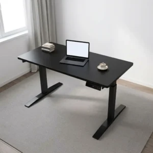 120cm black electric adjustable height standing desk with rectangular top, digital control keypad, telescoping metal legs, and T-frame feet.