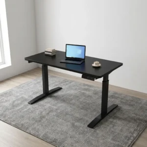 1.4m black height adjustable standing desk with rectangular tabletop, digital control keypad, electric telescoping metal legs, and T-frame feet.