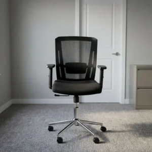 Black mid-back orthopedic mesh office chair with adjustable lumbar support band, T-shaped armrests, padded fabric seat, and chrome swivel caster base.