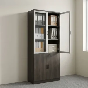 Dark gray wooden filing cabinet with upper glass display doors, lower lockable wooden doors, black vertical handles, and interior storage shelves.