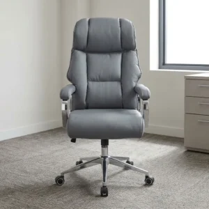 Gray leather high-back executive office chair with segmented padded backrest, upholstered armrests, chrome frame, and 5-star swivel caster base.