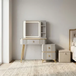 Gray dressing table with illuminated LED square mirror, side shelving, fluted drawer fronts, gold accents, side chest, and gold tapered legs.