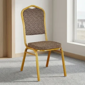 Stackable fabric conference chair with brown patterned upholstery, crown back frame, and gold metallic steel legs.
