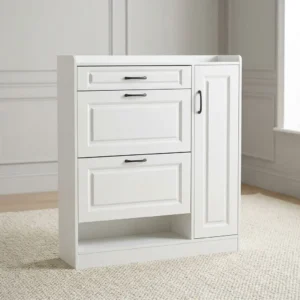 White modern wooden shoe rack cabinet with top drawer, two fold-out tilt drawers, side door cupboard, open bottom shelf, and black handles.