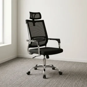 Black mesh ergonomic office chair with adjustable headrest, lumbar support band, padded seat, chrome accents, and polished 5-star swivel caster base.