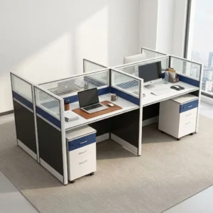 4-user modular office workstation pod with white desktops, blue and gray privacy partition screens with frosted glass upper panels, and mobile 3-drawer locking pedestals.