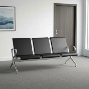Heavy-duty 3-seater public waiting bench with black padded leatherette seats, steel beam frame, silver metallic armrests, and angled legs.