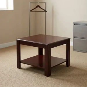 Dark cherry mahogany square wooden office coffee table with lower open storage shelf and four thick square legs.