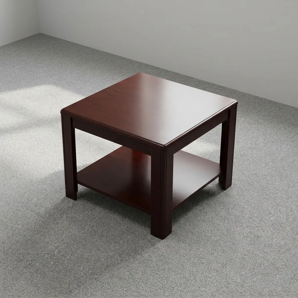 Dark cherry mahogany square wooden office coffee table with lower open storage shelf and four thick square legs.