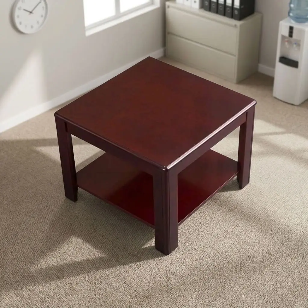 Dark cherry mahogany square wooden office coffee table with lower open storage shelf and four thick square legs.