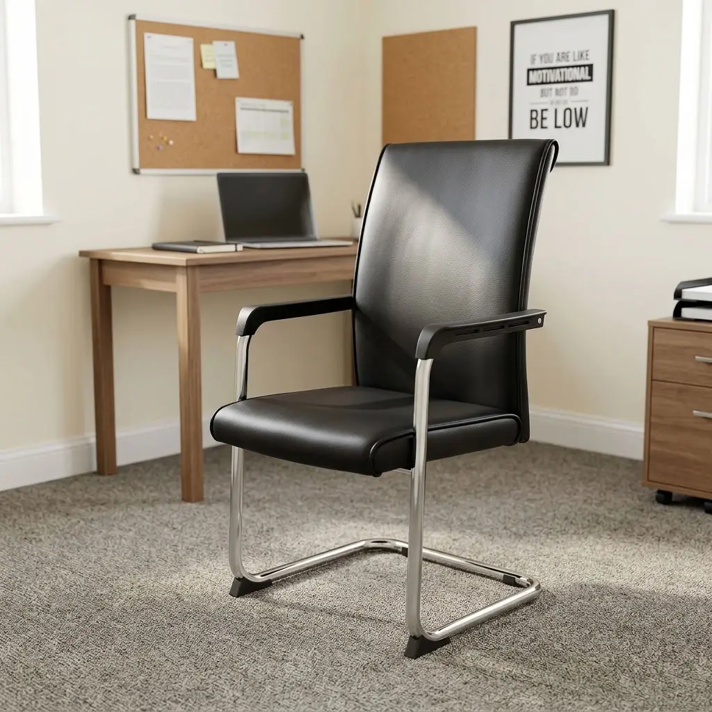 Black leather mid-back waiting chair with padded seat, black armrest pads, and chrome tubular cantilever sled base.