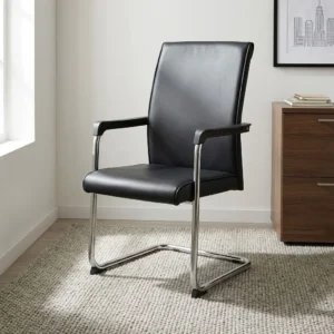 Black leather mid-back waiting chair with padded seat, black armrest pads, and chrome tubular cantilever sled base.