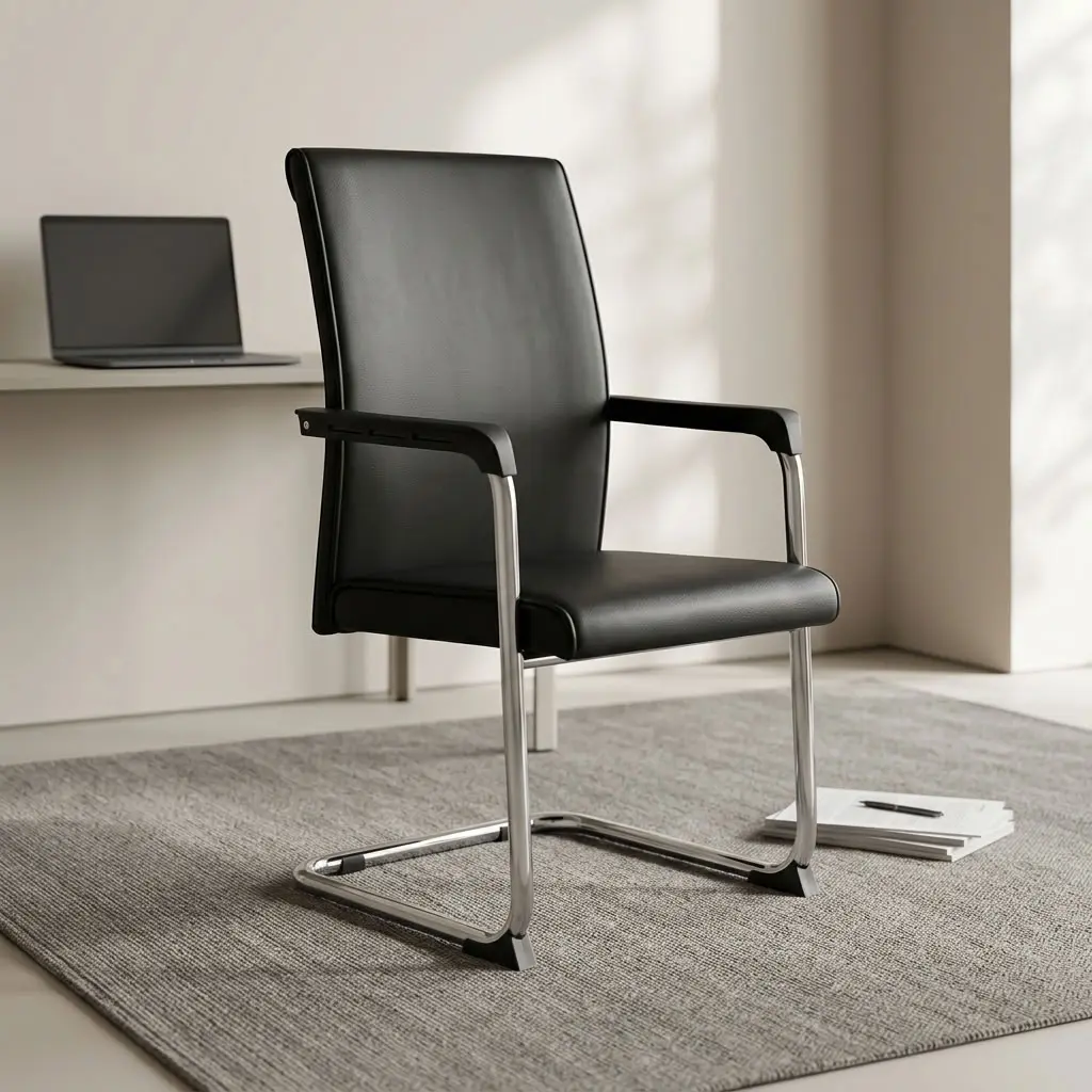 Black leather mid-back waiting chair with padded seat, black armrest pads, and chrome tubular cantilever sled base.