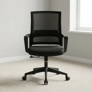 Captain black mesh swivel office chair with breathable mesh backrest, integrated lumbar support band, cushioned seat, fixed T-shaped armrests, and 5-star caster base.