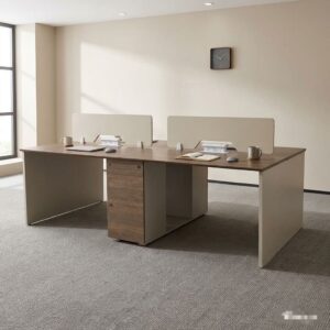 Modern 4-seater office workstation cluster with dark walnut tops, off-white side panel legs, central privacy screens, pop-up power sockets, and integrated storage drawers.