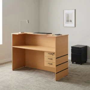 120cm light oak reception office desk with elevated charcoal accent center panel, horizontal dark inlay stripes, upper transaction counter, and integrated 3-drawer lockable pedestal.