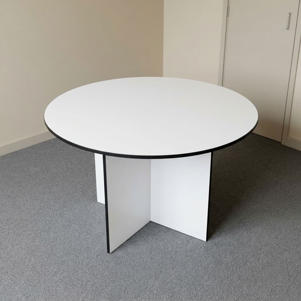 White round meeting table with black edge trim and wooden cross-panel base.