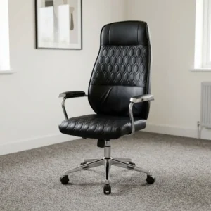 Black leather high-back executive office chair with honeycomb quilted stitching, chrome fixed armrests, and 5-star swivel caster base.