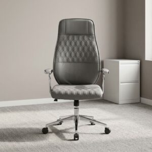 Gray leather high-back executive office chair with honeycomb quilted stitching, padded fixed armrests, and 5-star chrome swivel caster base.