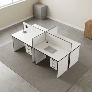 White 4-seater wooden modular workstation cluster with black edge trim, central privacy dividers, integrated 3-drawer lockable pedestals, and desktop cable grommets.