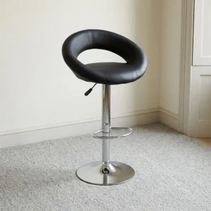 Black faux leather swivel height-adjustable barstool with curved open-back seat, chrome gas lift pedestal, semi-circular footrest, and round trumpet base.