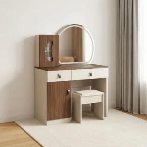Brown walnut and off-white dressing table vanity set with LED light arched mirror, desktop organizer cabinet, lower cupboard, storage drawers, and matching cushioned stool.