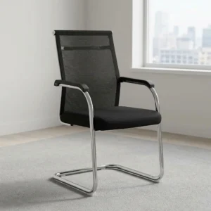 Black mesh office visitor chair with breathable mesh backrest, cushioned seat, black arm pads, and chrome cantilever sled base.