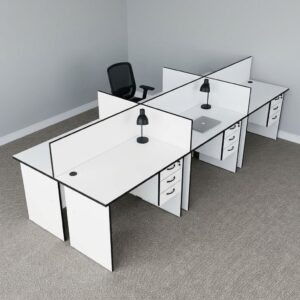 6-seater white wooden workstation cluster with black edge trim, white privacy partition screens, integrated 3-drawer lockable pedestals, and circular cable grommets.