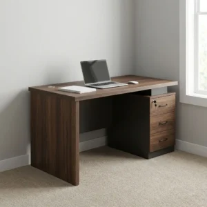 1.6m walnut executive office table with rectangular laminate top, integrated 3-drawer side pedestal, dark modesty panel, and slab end leg.
