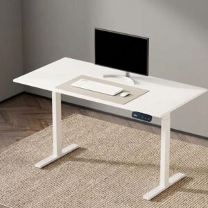 White electric height-adjustable standing table with rectangular laminate top, digital LED memory keypad, and white T-frame motorized legs.