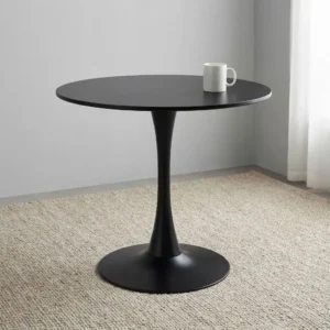 Matte black 3-seater round dining table with smooth circular top, slender tulip pedestal column, and circular heavy base.