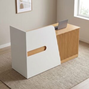 1.8m light oak reception front table with vertical fluted wood slatted front panel and raised white L-shaped modesty privacy screen.