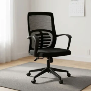 Black medium-back mesh office chair with slatted lumbar support, curved fixed armrests, cushioned fabric seat, and 5-star nylon swivel base.