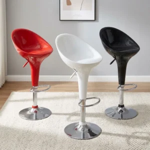 Molded plastic adjustable swivel barstools in white, red, and black with scoop bucket seats, chrome gas lift pedestals, circular footrests, and trumpet bases.