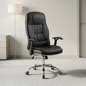 Black leather high-back executive reclining office chair with contrast red stitching, padded T-style armrests, and 5-star chrome swivel caster base.