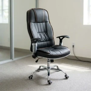 Black leather high-back reclining office chair with contrast brown perimeter stitching, padded contoured seat, T-shaped armrests, and 5-star chrome swivel base.