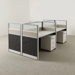 4-person modular office workstation cubicle pod with patterned fabric privacy panels, frosted glass toppers, white desktops, and integrated 3-drawer lockable mobile pedestals.