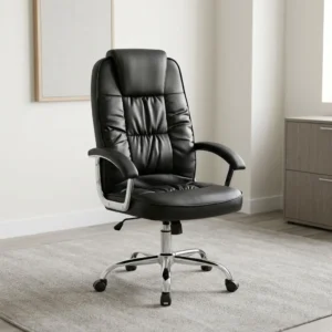 Black leather high-back executive office chair with tufted padded backrest, integrated headrest cushion, padded chrome armrests, and 5-star chrome swivel base.