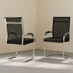 Black mesh office visitor chair with breathable mid-back rest, padded seat pan, black armrest pads, and continuous chrome cantilever sled base.