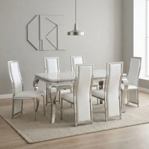 6-seater white faux marble dining set with rectangular polished stainless steel table and six matching high-back upholstered white chairs.