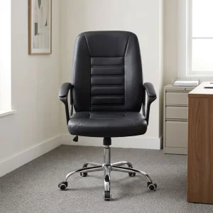 Black leather mid-back executive desk chair with horizontal ribbed stitched backrest, padded loop armrests, pneumatic tilt lever, and 5-star chrome swivel caster base.