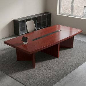3.0m cherry wood executive conference table with central black wire management flip-top trough, panelled veneer tabletop, and thick V-shaped pedestal slab legs.